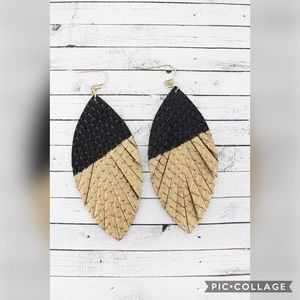 Gold-Dipped Black Faux Snakeskin Leaf Earrings
